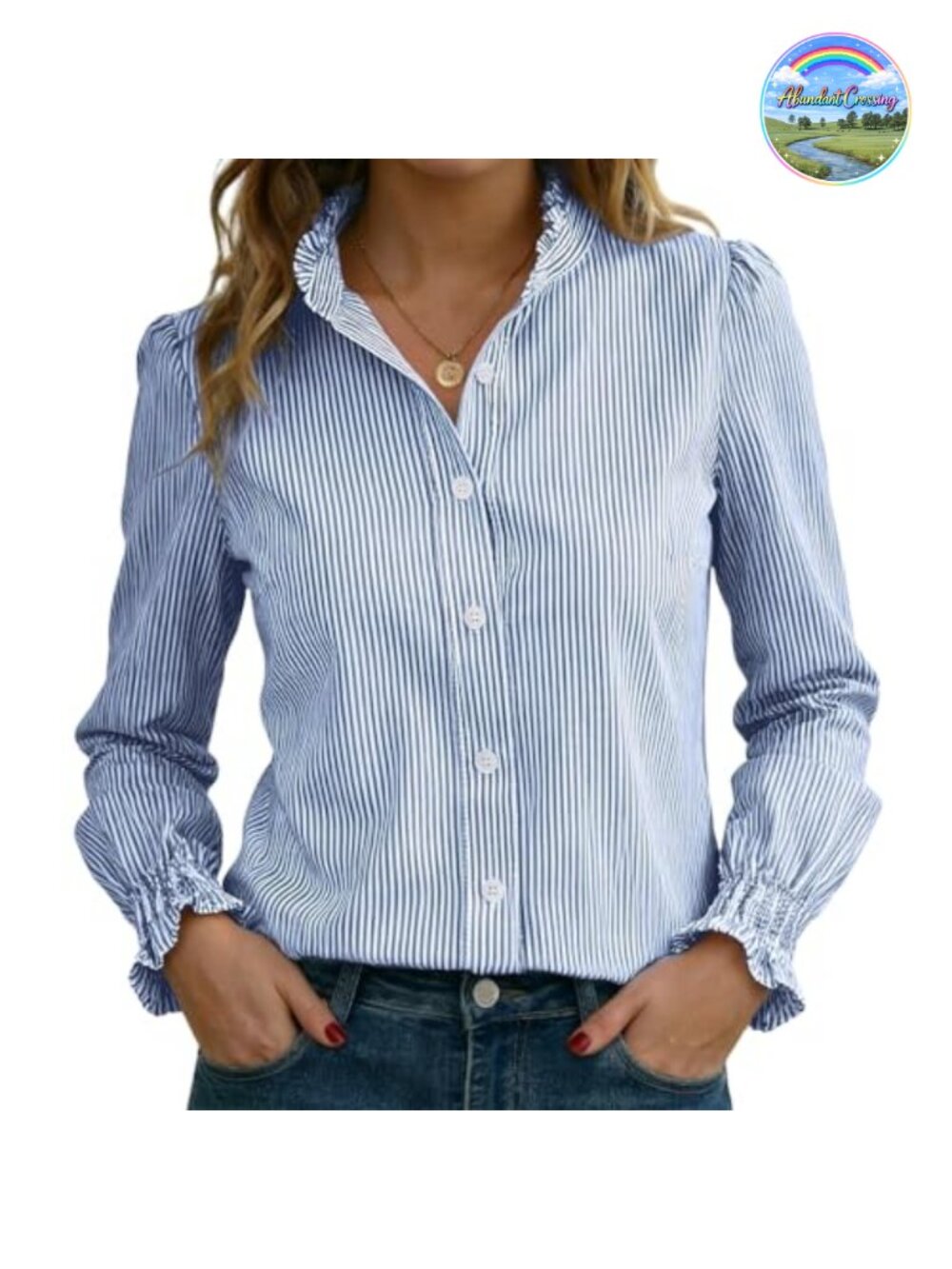 Striped Button Down Shirt Long Sleeve Smocked Cuffed Ruffle Collar Blouse